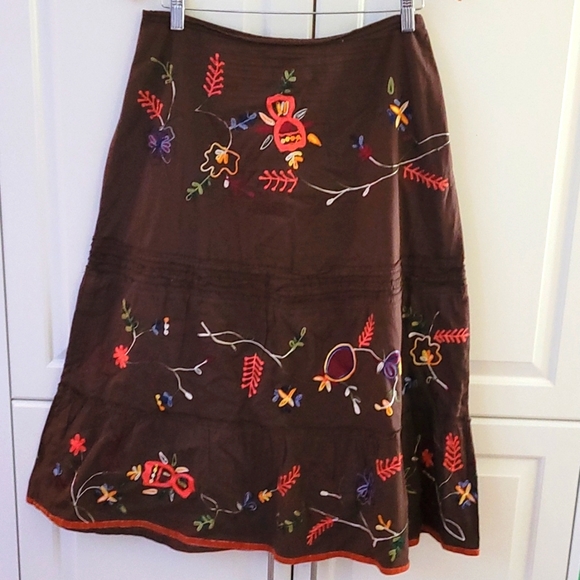 Vintage Brown Embroidered Cotton Boho Skirt L - Picture 1 of 7